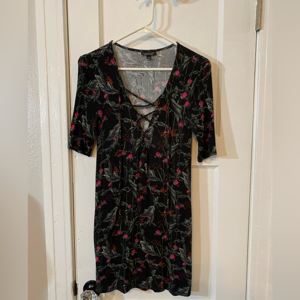 TOPSHOP knit floral lace up mini dress